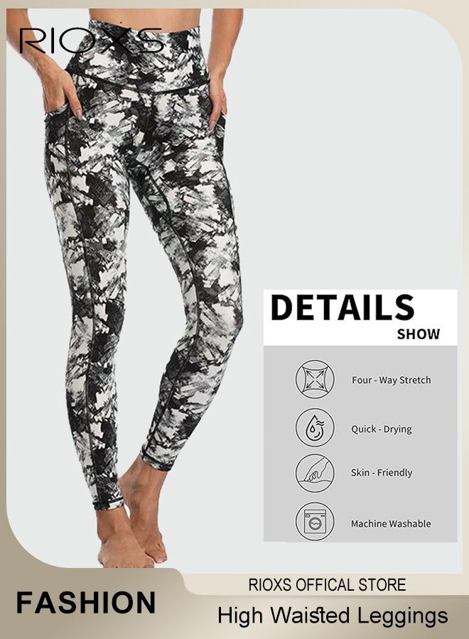 RIOXS Women's High Waisted Leggings,Exercise Yoga Pants With Side Pockets,Printed Skinny Yoga Pants,Stretchy Leggings Lifting Pants For Women Ladies Running Workout Pamela  - Image 2
