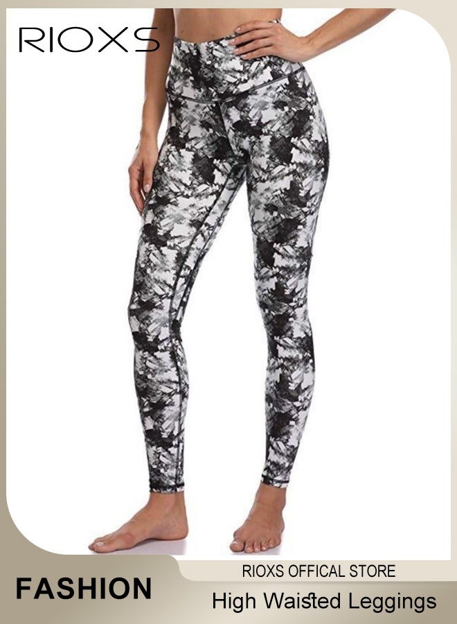 RIOXS Women's High Waisted Leggings,Exercise Yoga Pants With Side Pockets,Printed Skinny Yoga Pants,Stretchy Leggings Lifting Pants For Women Ladies Running Workout Pamela  - Image 3