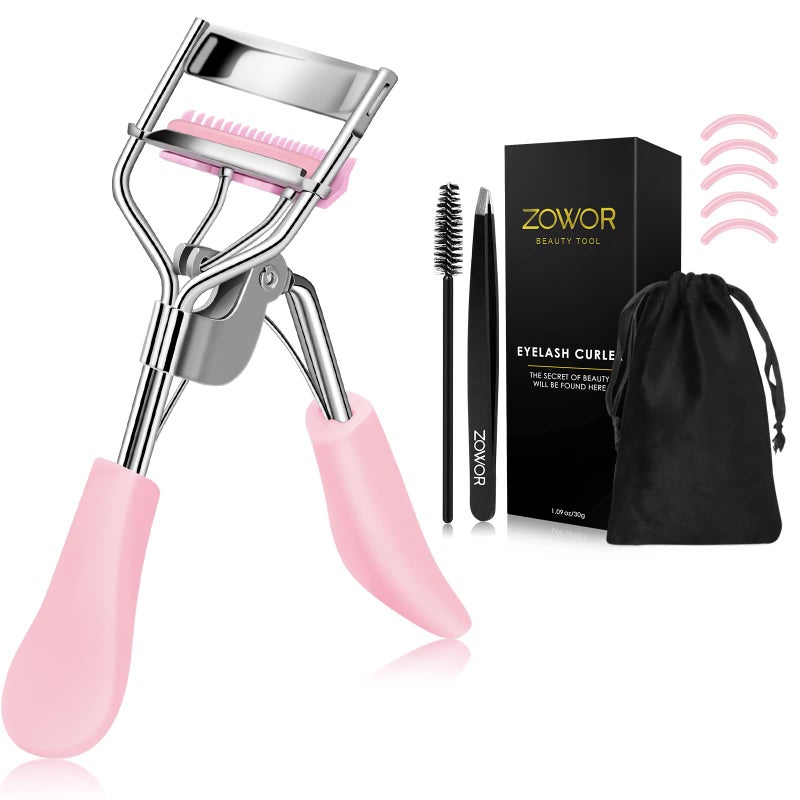Zowor Eyelash Curler with Comb Fit All Eye Shape Curved Eyelash CurlersNatural and Long Lasting Lash Curler for Women Make Up GiftPink