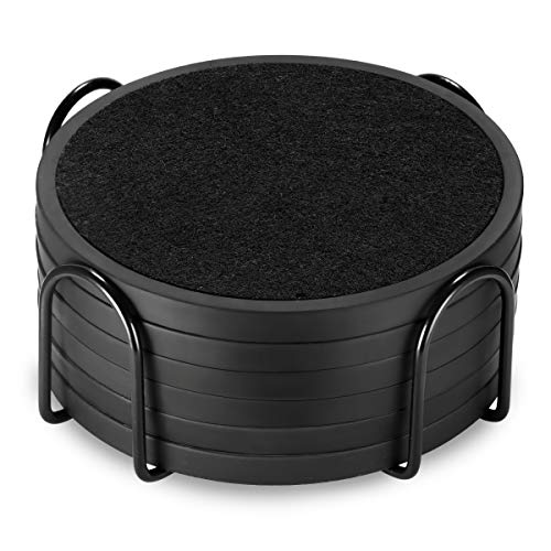 Absorbent Coasters for Drinks with Holder  6packs Silicone Coaster with Soft Felt Insert Black Coasters with Holder Black