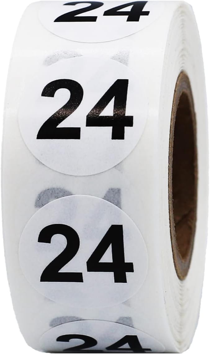 InStockLabels.com White with Black Number 24 Circle Dot Stickers, 3/4 Inch Round, 500 Labels on a Roll for Organization and Inventory - Semi-Gloss Finish - Made in The USA - Image 1