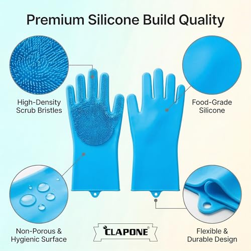 CLAPONE Gloves for Washing Dishes/Hand Gloves for Kitchen/Kitchen Gloves for Dishwashing/Dish Washing for Women/Cleaning/Rubber Scotch/Home Essentials Products/Silicone/cooking/Bathroom/Car-Blue - Image 4