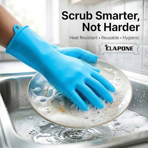 CLAPONE Gloves for Washing Dishes/Hand Gloves for Kitchen/Kitchen Gloves for Dishwashing/Dish Washing for Women/Cleaning/Rubber Scotch/Home Essentials Products/Silicone/cooking/Bathroom/Car-Blue - Image 3