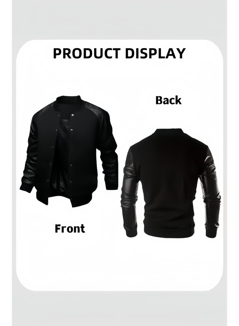 هالامودو جاكيت بومبر للرجال بأكمام جلدية بأكمام جلدية للرجال معطف بيسبول كاجوال خريف وشتاء ورياح مقاومة للرياح - Image 2