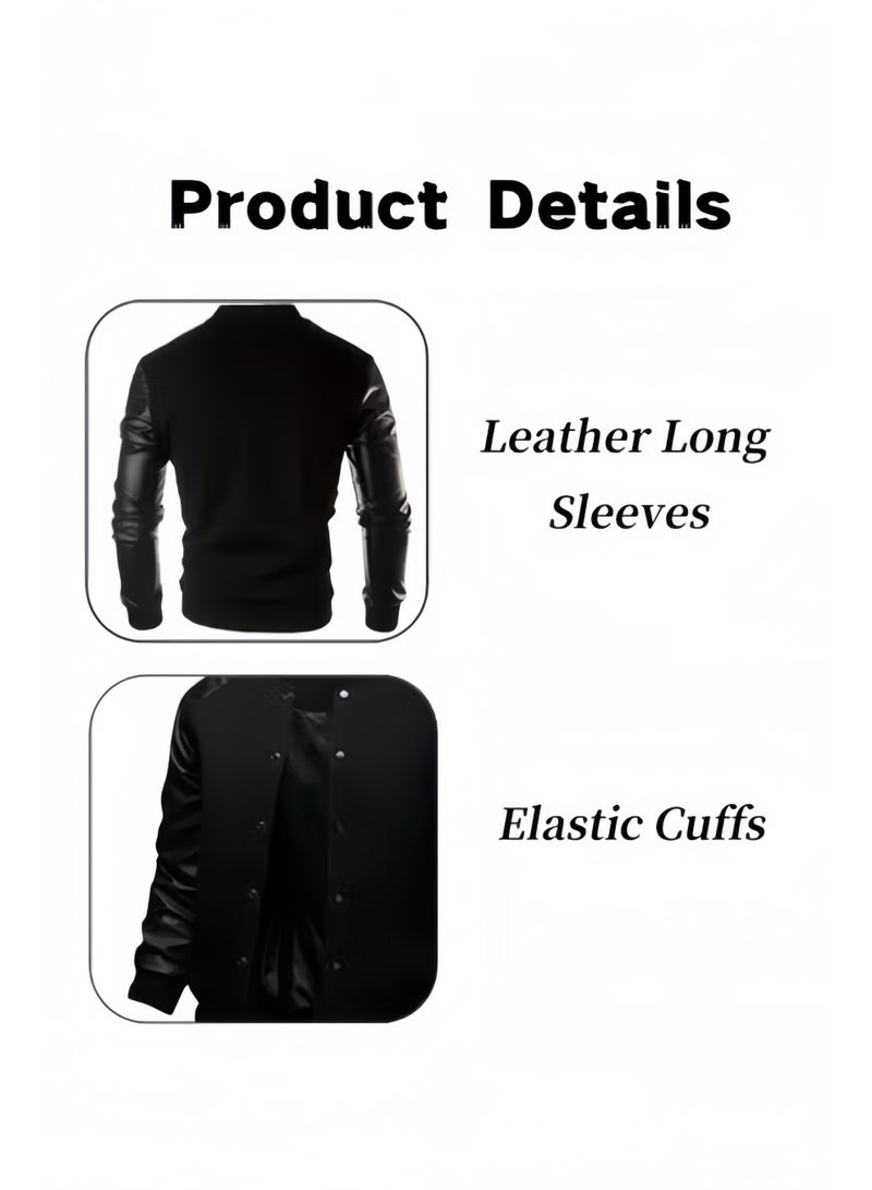 هالامودو جاكيت بومبر للرجال بأكمام جلدية بأكمام جلدية للرجال معطف بيسبول كاجوال خريف وشتاء ورياح مقاومة للرياح - Image 4