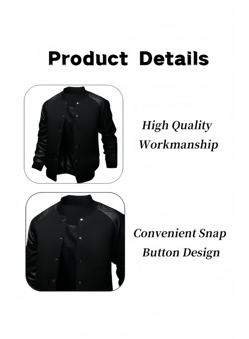 هالامودو جاكيت بومبر للرجال بأكمام جلدية بأكمام جلدية للرجال معطف بيسبول كاجوال خريف وشتاء ورياح مقاومة للرياح - Image 3