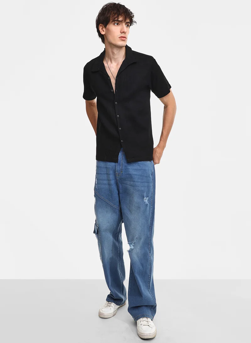 Campus Sutra Men's Onyx Black Solid Resort Shirt