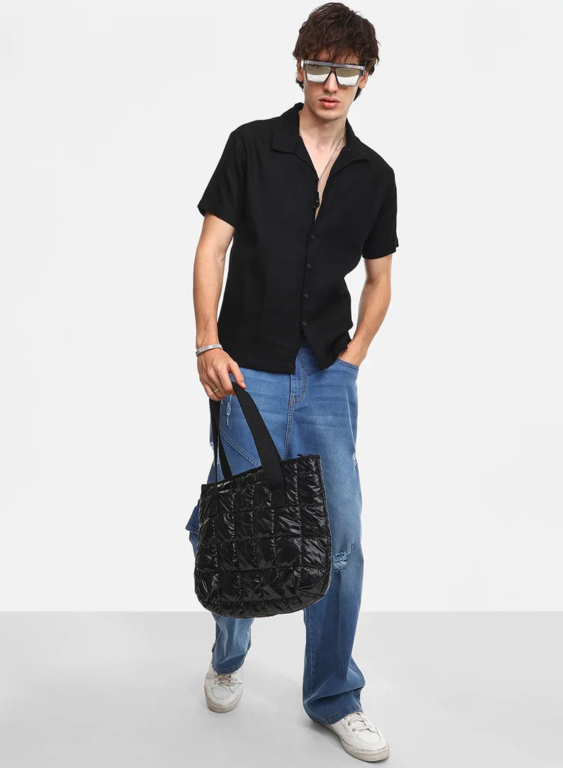 Campus Sutra Men's Onyx Black Solid Resort Shirt