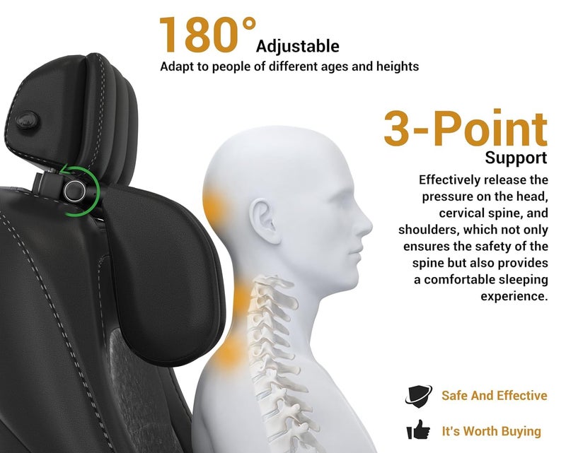 BROGBUS Car Headrest Pillow,Thickened Memory Foam Road Pal Headrest,Neck Support Pillow,180° Adjustable Car Headrest, U- Shaped Design,Travel Car Sleeping,Suitable for Kids and Adults (Black) - Image 4