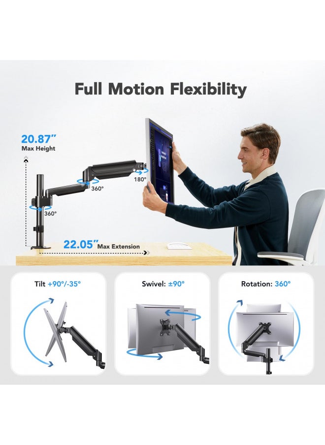 HUANUO - HUANUO Single Monitor Arm, Tall Computer Monitor Stand for 1332 inch Screens Holds 19.8 lbs, Adjustable Monitor Mount Gas Spring Full Motion with C-Clamp & Grommet Base, VESA 75x75 or 100x100mm - Image 1