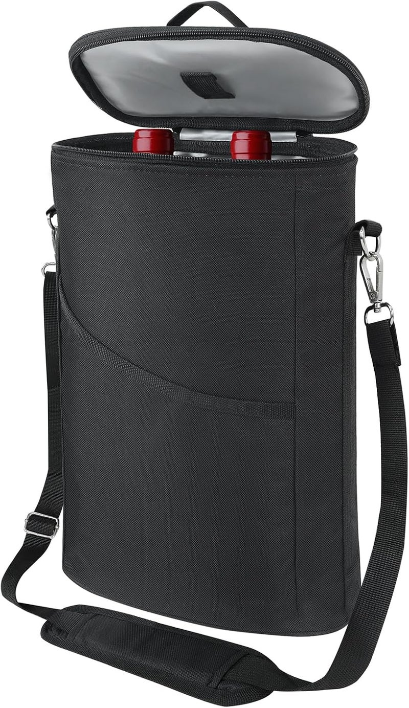 bruwaa 2 Bottle Wine Gift Tote Carrier, Leakproof Insulated Padded Wine Cooler Bag with Handle and Adjustable Shoulder Strap, for Travel, Wine Tasting, Party, Christmas Gift for Wine Lover - Black - Image 1