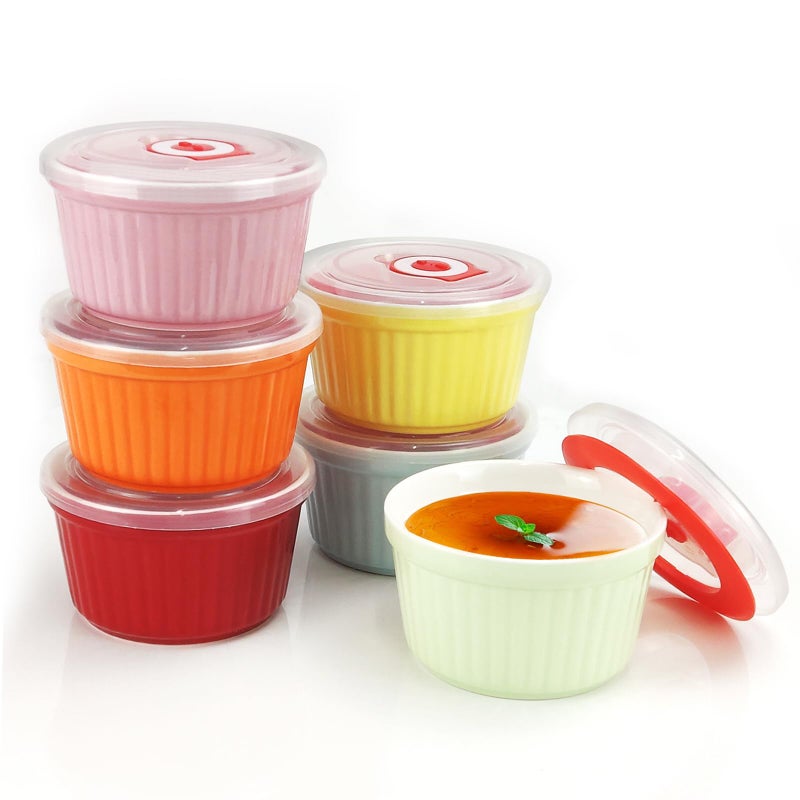 Ramekins with Lids 8 Oz  Set of 6 Ceramic Souffle Creme Brulee Ramekins with Covers Colorful Custard Cups for Baking Ceramic Custard Cups Safe and Dishwash Safe