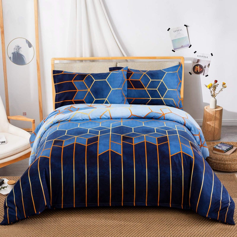 Geometric Diamond Duvet Cover Golden Stripes Soft Microfiber Bedding Set Reversible Lightweight Duvet Sets 3 Pieces With Zipper Blue Double