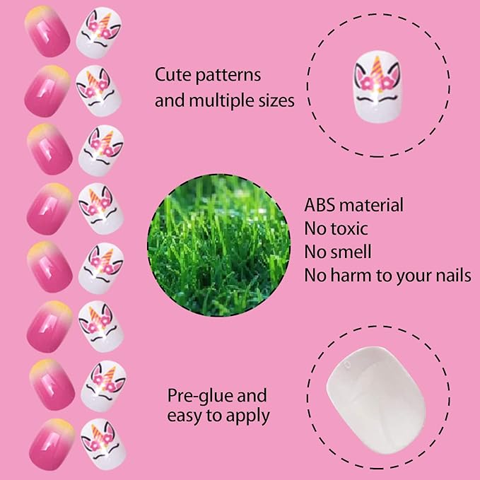 SIUSIO 120 Pcs 5 Pack Children Acrylic Fake Nails Press on Preglue Full Cover Glitter Gradient Color Rainbow Short False Nail Art Kits for Kids Little Girls Multicolor Gradient Series - Image 4
