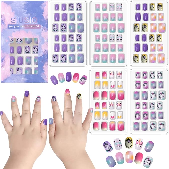 SIUSIO 120 Pcs 5 Pack Children Acrylic Fake Nails Press on Preglue Full Cover Glitter Gradient Color Rainbow Short False Nail Art Kits for Kids Little Girls Multicolor Gradient Series - Image 1