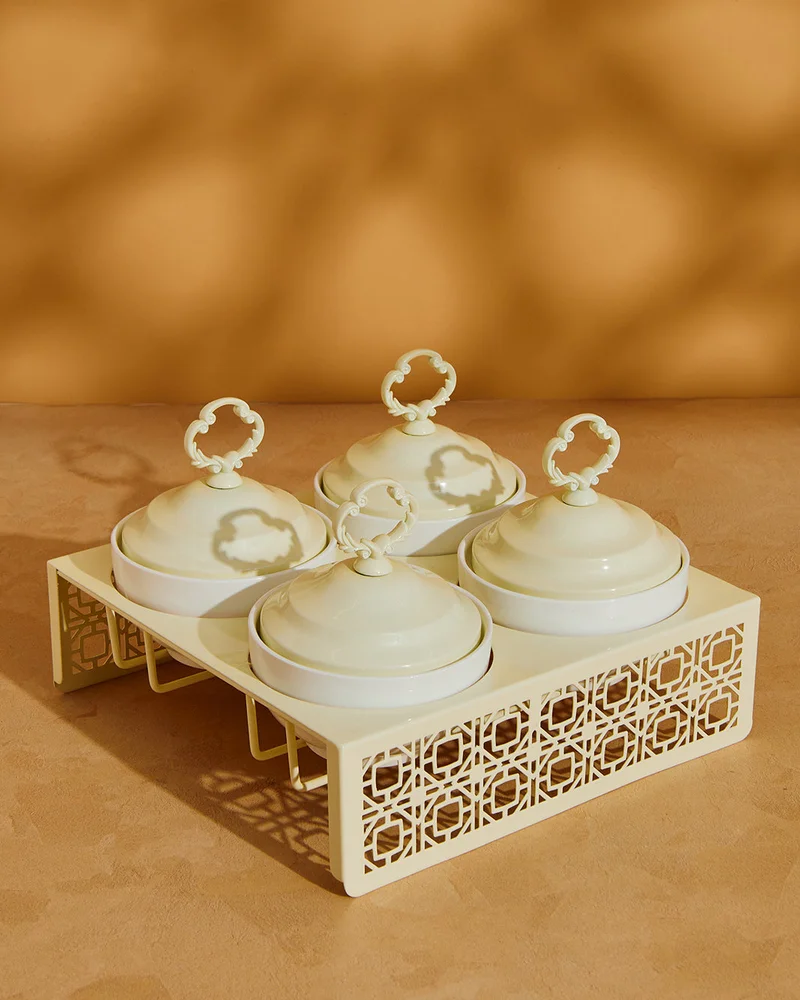 Redtag White Round Porcelain Bowls with Metal Stand – 9 Piece Set