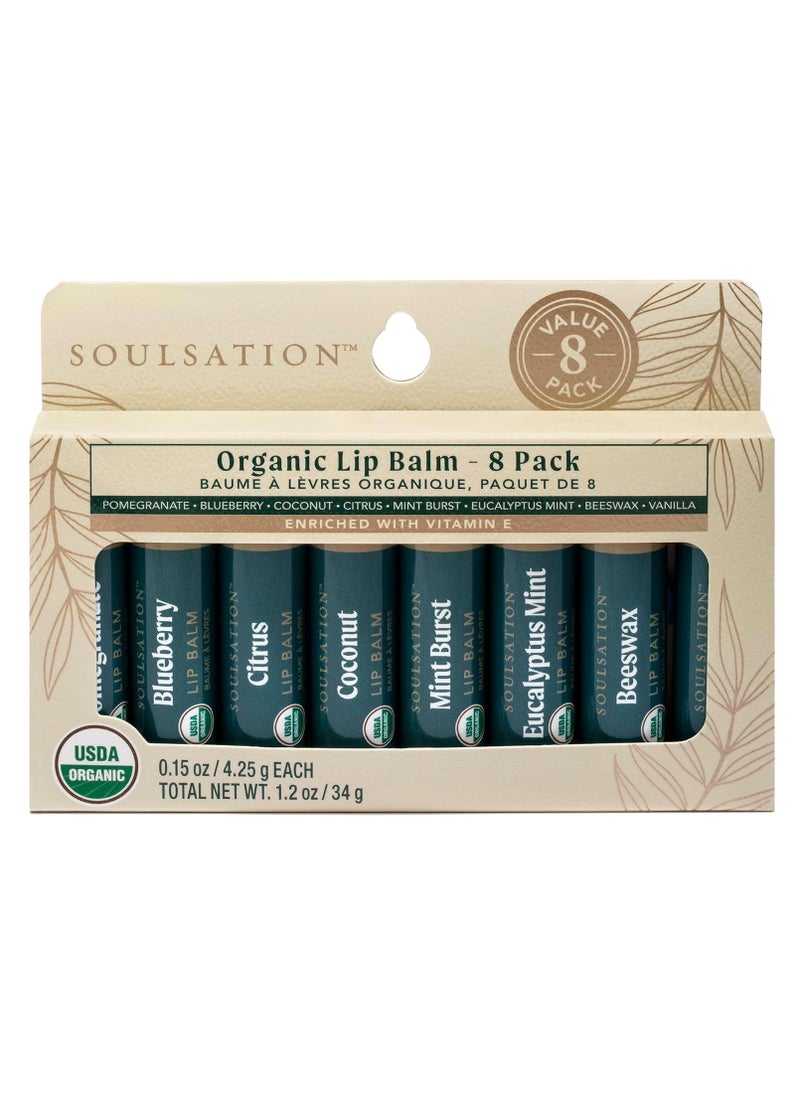 SOULSATION Organic Lip Balm Set, 8 Flavors - Moisturizing for Cracked & Dry Lips, For Men & Women 