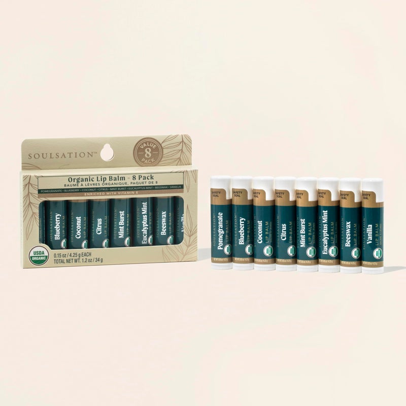 Soulsation Organic Lip Balm Set, 8 Flavors - Hydrating for Cracked & Dry Lips, For Men & Women, Enriched with Vitamin E - Image 3