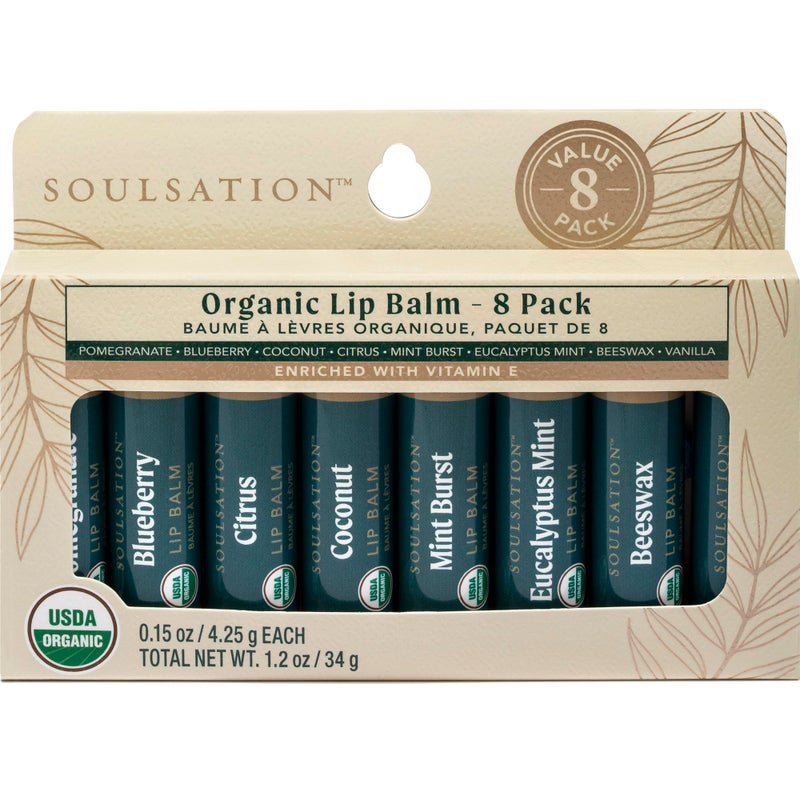 Soulsation Organic Lip Balm Set, 8 Flavors - Hydrating for Cracked & Dry Lips, For Men & Women, Enriched with Vitamin E - Image 1