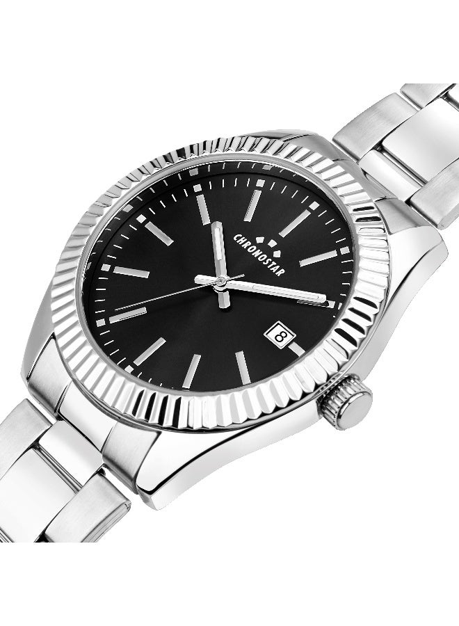 Chronostar Men's Black Round Analog Dial with Silver Stainless Steel Band Watch - 41mm - R3753312001 - Image 2