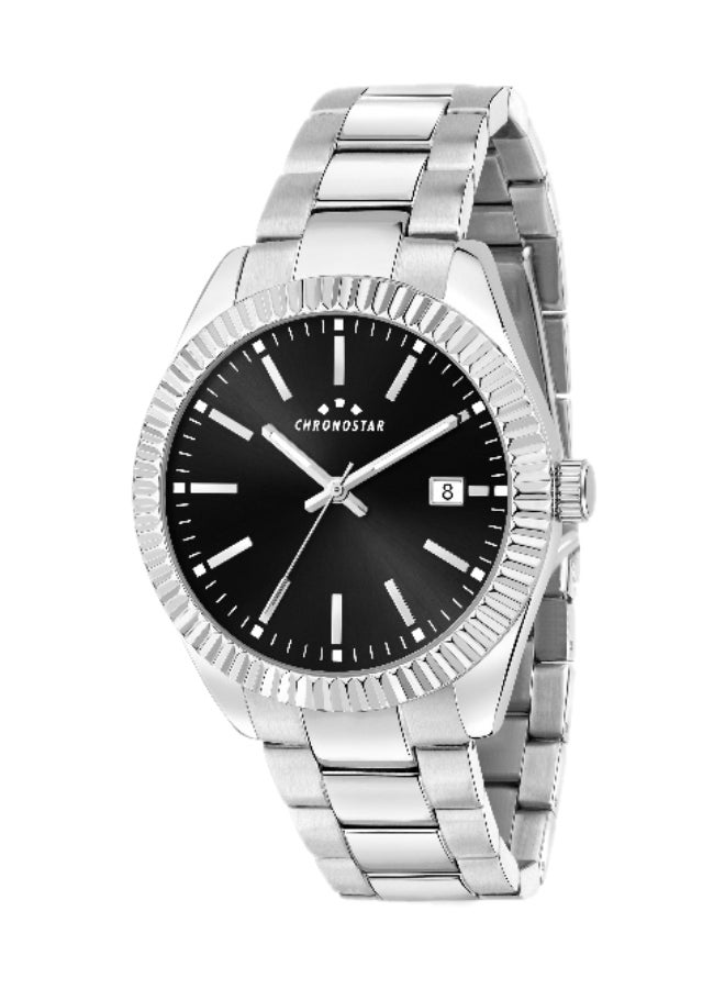 Chronostar Men's Black Round Analog Dial with Silver Stainless Steel Band Watch - 41mm - R3753312001 - Image 1