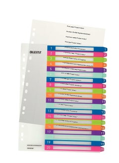 LEITZ Leitz 1-20 Index, A4, Pc Printable, Heavy Duty Plastic, Extra Wide, White/Multi-Coloured, Wow Range, 12450000  - Image 1