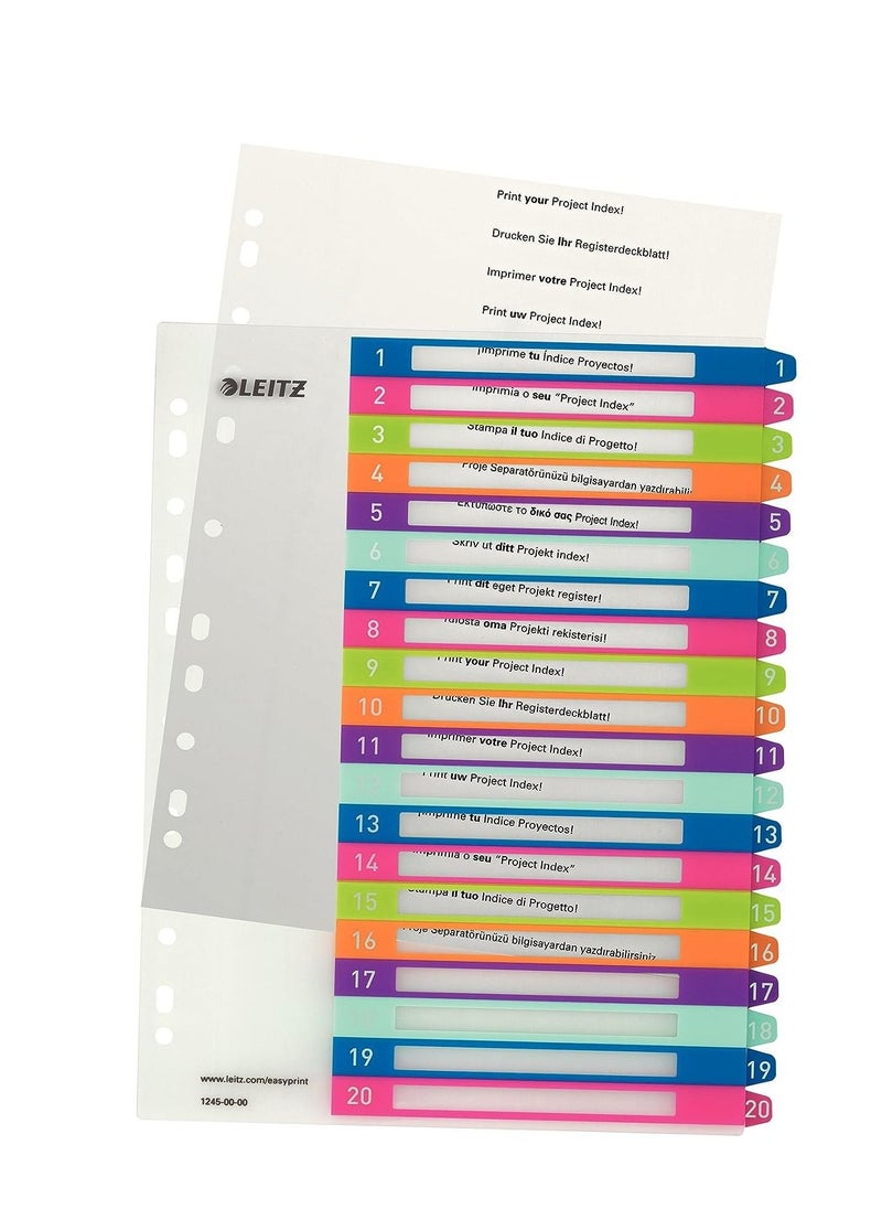 LEITZ Leitz 1-20 Index, A4, Pc Printable, Heavy Duty Plastic, Extra Wide, White/Multi-Coloured, Wow Range, 12450000  - Image 1