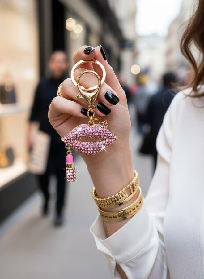 سلسلة مفاتيح على شكل شفاه وأحمر شفاه مرصعة بالكريستال من iAccessories | تعليقة سلسلة مفاتيح لحقائب الفتيات والمحافظ والأمتعة - وردي - Image 1