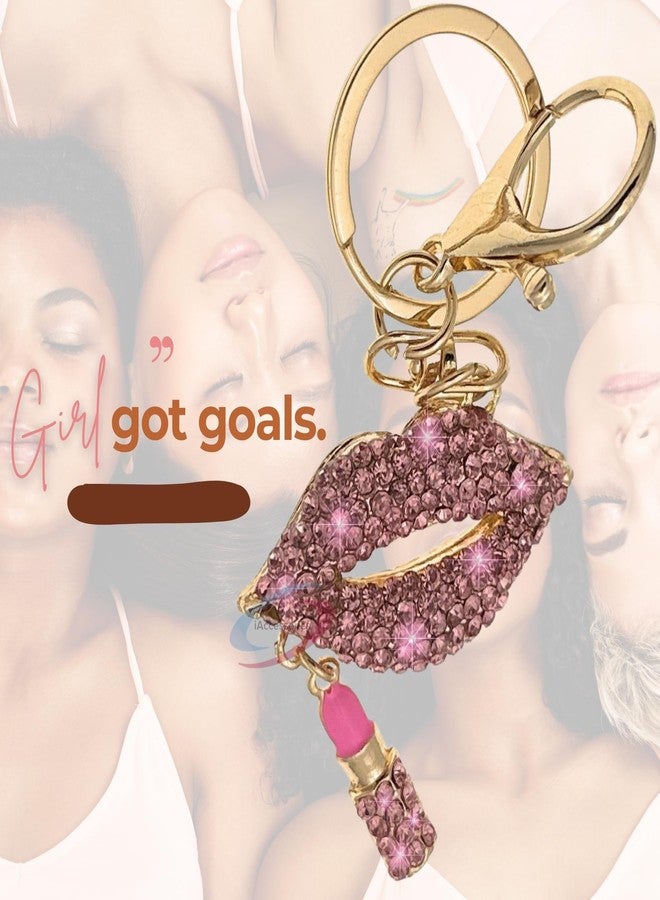 سلسلة مفاتيح على شكل شفاه وأحمر شفاه مرصعة بالكريستال من iAccessories | تعليقة سلسلة مفاتيح لحقائب الفتيات والمحافظ والأمتعة - وردي - Image 5