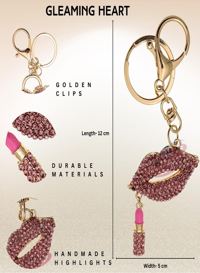 سلسلة مفاتيح على شكل شفاه وأحمر شفاه مرصعة بالكريستال من iAccessories | تعليقة سلسلة مفاتيح لحقائب الفتيات والمحافظ والأمتعة - وردي - Image 3