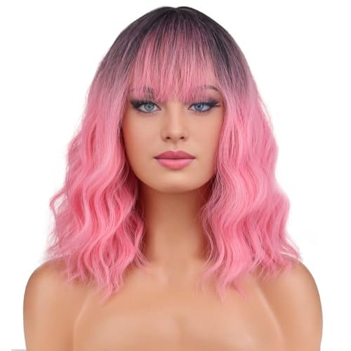 BERON 14 Inches Black Pink Ombre Wig with Bangs Short Curly Pink Wig for Women Daily Party Hairnet Include - Image 1