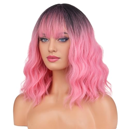 BERON 14 Inches Black Pink Ombre Wig with Bangs Short Curly Pink Wig for Women Daily Party Hairnet Include - Image 2