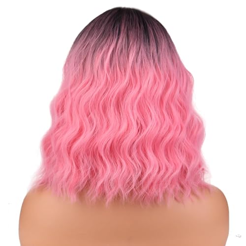 BERON 14 Inches Black Pink Ombre Wig with Bangs Short Curly Pink Wig for Women Daily Party Hairnet Include - Image 4