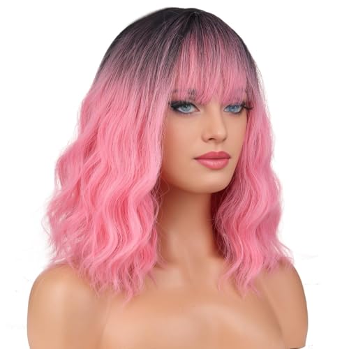 BERON 14 Inches Black Pink Ombre Wig with Bangs Short Curly Pink Wig for Women Daily Party Hairnet Include - Image 3