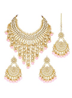 PEORA Peora Traditional Kundan & Pearl Drop Pink Choker Necklace Earring Set with Maang Tikka for Women  - Image 1