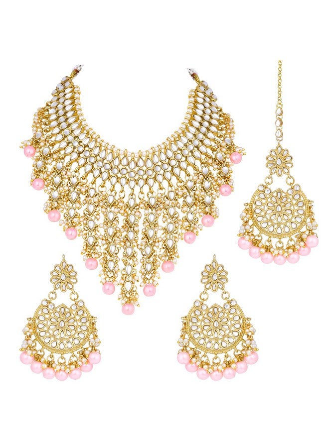 Peora Traditional Kundan & Pearl Drop Pink Choker Necklace Earring Set with Maang Tikka for Women - Image 1