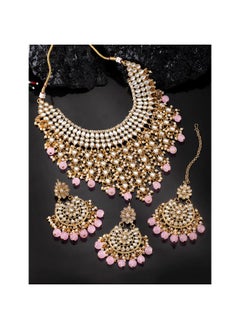 PEORA Peora Traditional Kundan & Pearl Drop Pink Choker Necklace Earring Set with Maang Tikka for Women  - Image 2