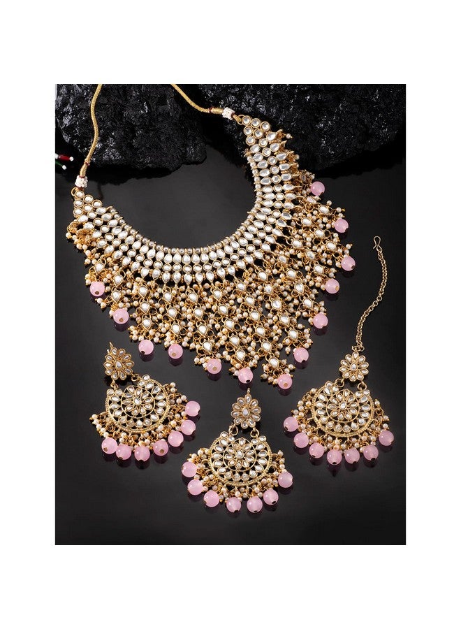 Peora Traditional Kundan & Pearl Drop Pink Choker Necklace Earring Set with Maang Tikka for Women - Image 2