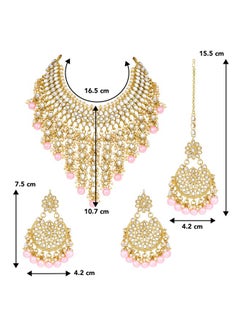 PEORA Peora Traditional Kundan & Pearl Drop Pink Choker Necklace Earring Set with Maang Tikka for Women  - Image 4