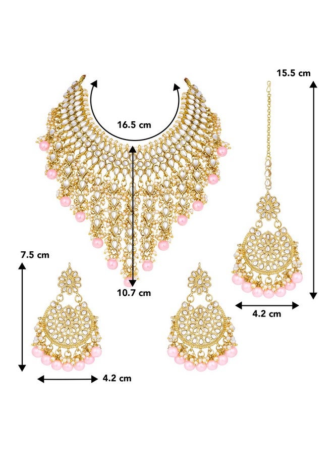 Peora Traditional Kundan & Pearl Drop Pink Choker Necklace Earring Set with Maang Tikka for Women - Image 4