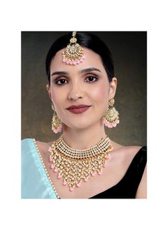 PEORA Peora Traditional Kundan & Pearl Drop Pink Choker Necklace Earring Set with Maang Tikka for Women  - Image 3