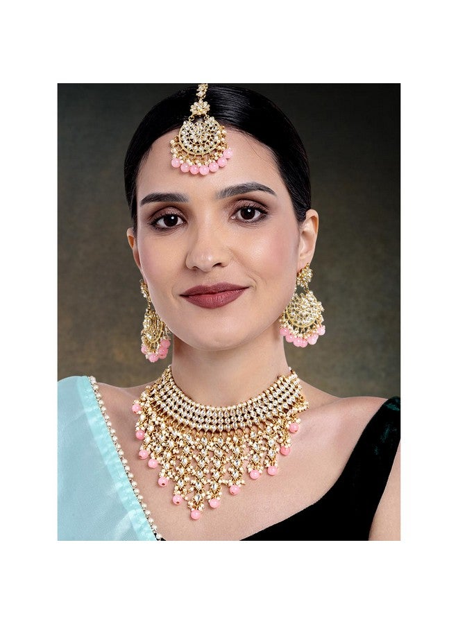 Peora Traditional Kundan & Pearl Drop Pink Choker Necklace Earring Set with Maang Tikka for Women - Image 3