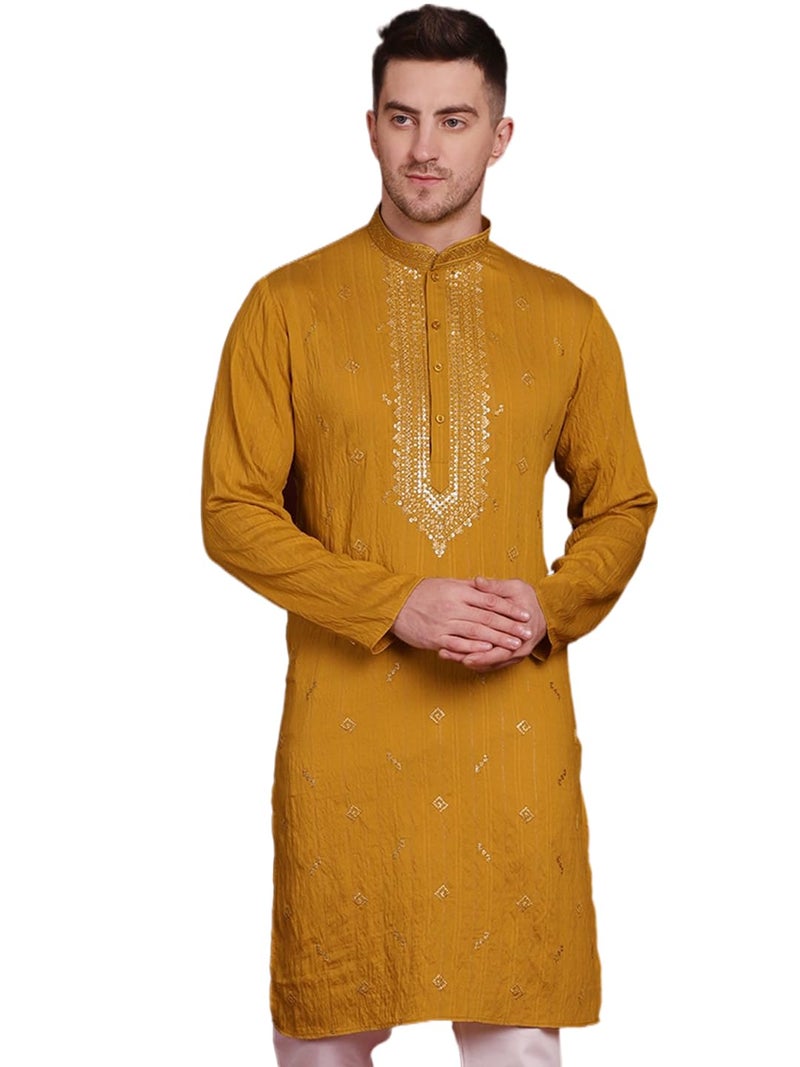 Jompers Sequins Embroidered Kurta Pyjama Set for Men. (Mustard, L) - Image 1