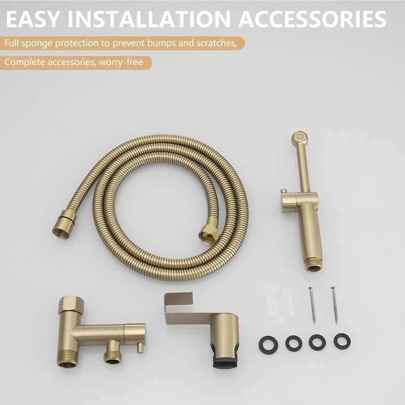 BATHLAVISH All Brass Bidet Sprayer Set for Toilets, Wall or Toilet Mount, Dual Thumb Pressure Controls, Superior Hoses Kit, Handheld Bidet Sprayer Cloth Diaper, Brushed Gold Bidet Attachment Kit - Image 3