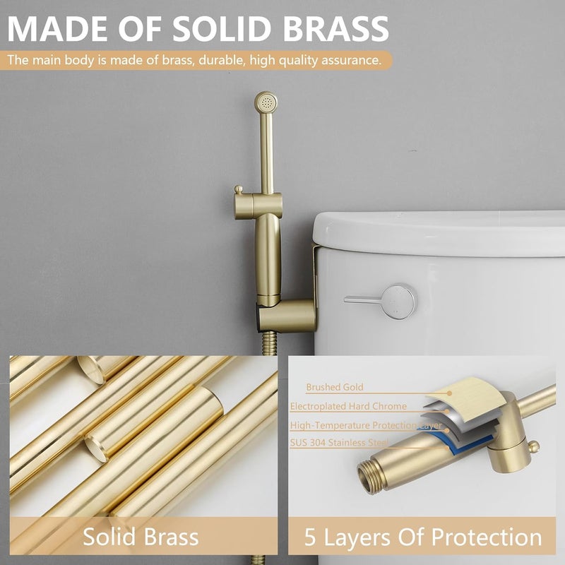 BATHLAVISH All Brass Bidet Sprayer Set for Toilets, Wall or Toilet Mount, Dual Thumb Pressure Controls, Superior Hoses Kit, Handheld Bidet Sprayer Cloth Diaper, Brushed Gold Bidet Attachment Kit - Image 2