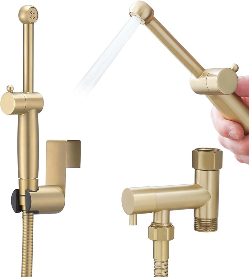 BATHLAVISH All Brass Bidet Sprayer Set for Toilets, Wall or Toilet Mount, Dual Thumb Pressure Controls, Superior Hoses Kit, Handheld Bidet Sprayer Cloth Diaper, Brushed Gold Bidet Attachment Kit - Image 1