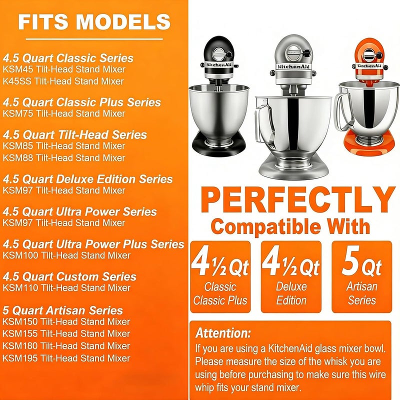 TIZZE ملحق الخفق K45WW لخل��طات KitchenAid سعة 4.5 و5 كوارت من نوع الرأس المائل - خفاقة من الفولاذ المقاوم للصدأ بستة أسلاك آمنة للغسيل في غسالة الأطباق - تصميم ثقيل مطور للخفق السريع للكريمة والبيض والتزيين - Image 4