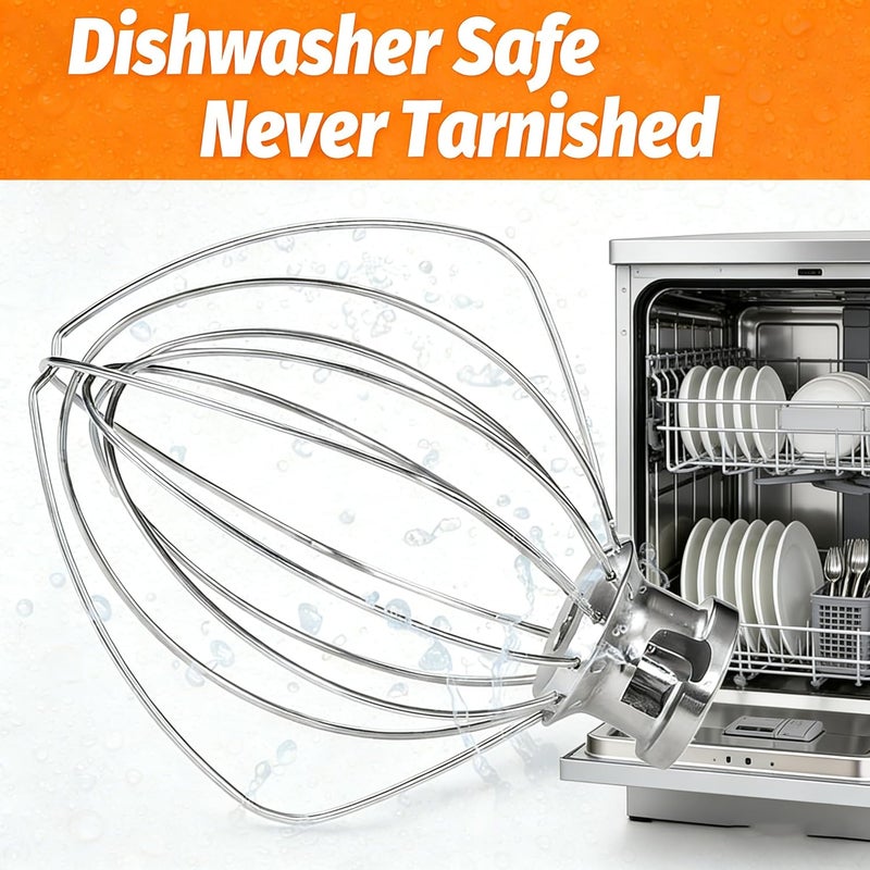 TIZZE ملحق الخفق K45WW لخل��طات KitchenAid سعة 4.5 و5 كوارت من نوع الرأس المائل - خفاقة من الفولاذ المقاوم للصدأ بستة أسلاك آمنة للغسيل في غسالة الأطباق - تصميم ثقيل مطور للخفق السريع للكريمة والبيض والتزيين - Image 3