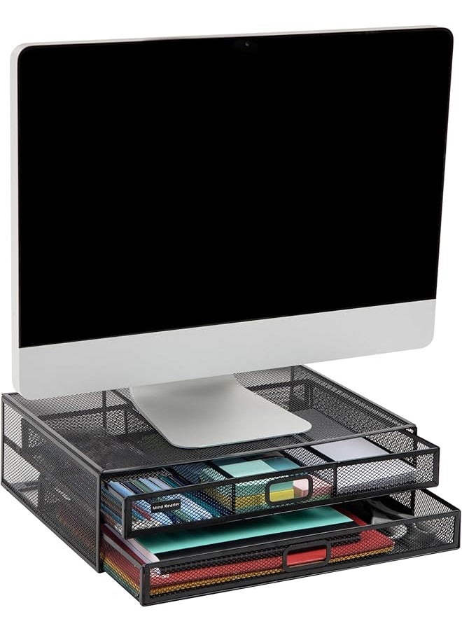 erorex - 2Tdmeshy Blk Metal Monitor Stand Riser Desk Organizer Holds Pc Laptop Notebook Printer Black 2 Drawer - Image 1