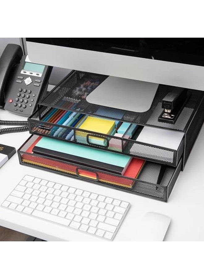 erorex - 2Tdmeshy Blk Metal Monitor Stand Riser Desk Organizer Holds Pc Laptop Notebook Printer Black 2 Drawer - Image 1